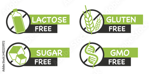 Lactose free. Gluten free. Sugar free. GMO free. Healthy, Organic, natural. Set of stickers of common allergens. Label for healthy daily food, used for packaging design. Food intolerance symbols