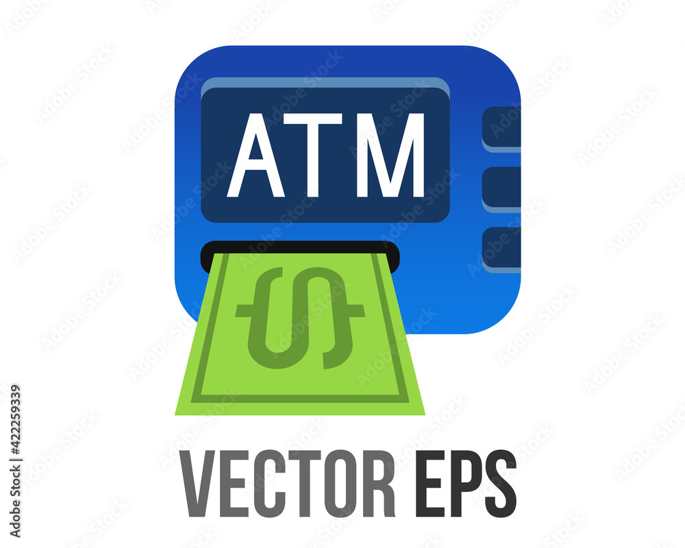 Vector gradient blue ATM button square icon, represent Automated Teller Machine