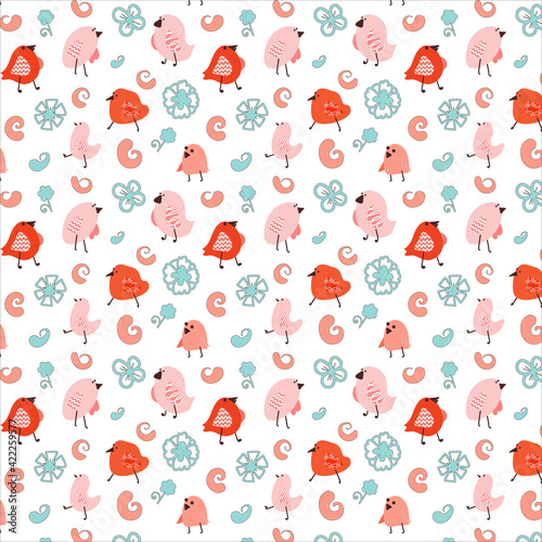 Birds elements Seamless Pattern. Funny doodle birdie. Vector Illustration for wallpaper, pattern fills, textile, web page background, surface textures.
