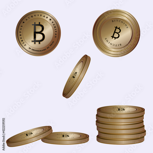 Cryptocurrency payments - a set of bitcoins metal - side view, straight, falling, lies, stack - vector. Internet payments concept. Isometric investment.