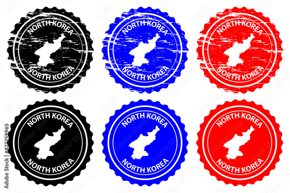 North Korea - rubber stamp - vector, Democratic People's Republic of Korea (DPRK, PRK, DPR Korea, or Korea DPR) map pattern - sticker - black, blue and red