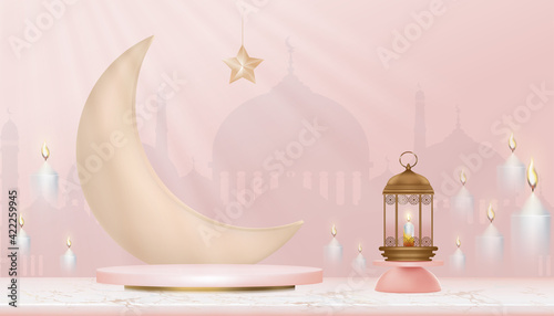 3D Islamic Podium with pink gold crescent moon, traditional islamic lantern,candles and mosque. Horizontal Islamic Banner for Product Showcase,Product presentation, Cosmetic product,Base,Ramadan Sales