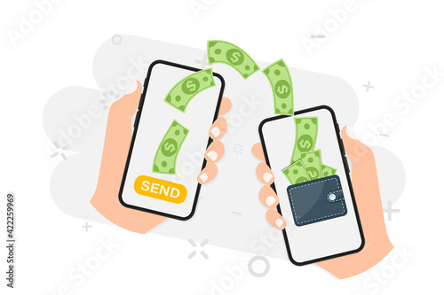 Money transfer. Online payment. Send and receive money wireless with their phone. Phone with banking payment app. Capital flow, earning. Financial savings or economy. Money online on mobile phone