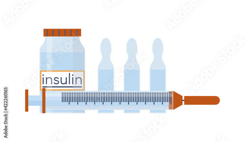 nsulin bottle and disposable syringe for injection. Control your Diabetes concept. Concept of vaccination, injection. Created For Mobile, Web, Decor, Application. Vector Illustration.