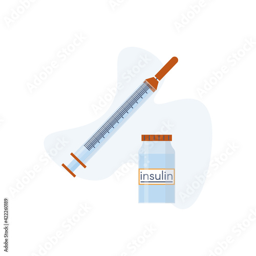 nsulin bottle and disposable syringe for injection. Control your Diabetes concept. Concept of vaccination, injection. Created For Mobile, Web, Decor, Application. Vector Illustration.