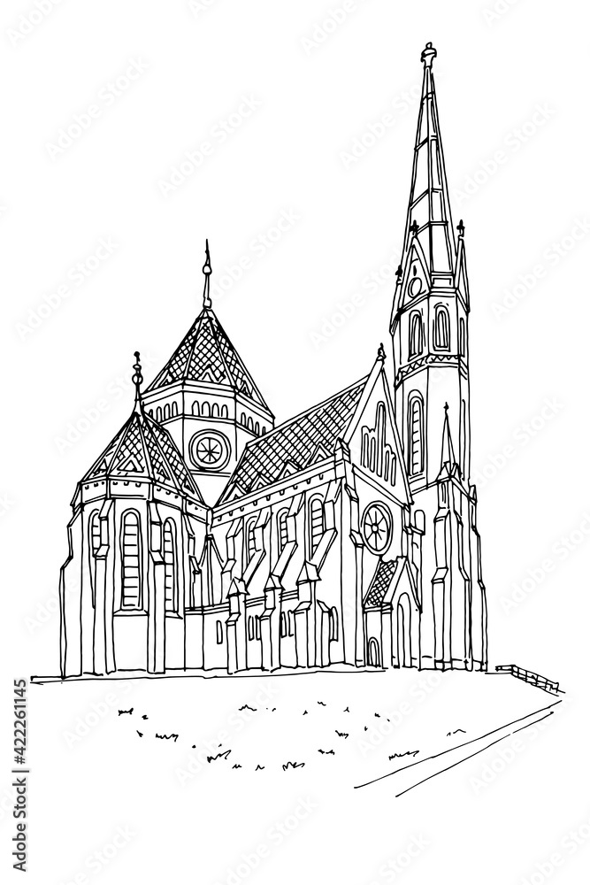 vector sketch of Protestant church in Budapest, Hungary.