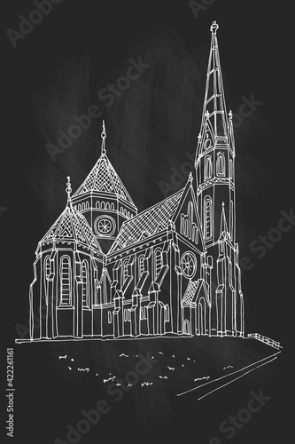 vector sketch of Protestant church in Budapest, Hungary.