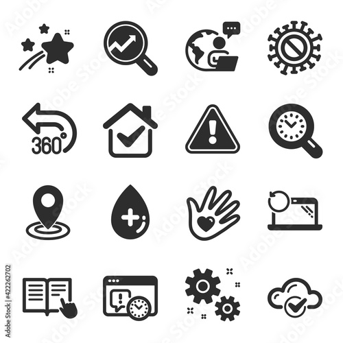 Set of Science icons, such as Recovery laptop, Read instruction, 360 degrees symbols. Vector © blankstock