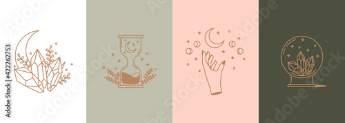 Set of mystical illustrations in boho style. Moon with stars, hand, hourglass, crystal ball with crystals. Esoteric and bohemian mysterious objects in linear style