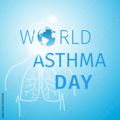 World asthma day poster. Abstract blue background with lungs and title with globe symbol - World Asthma Day. Vector illustration