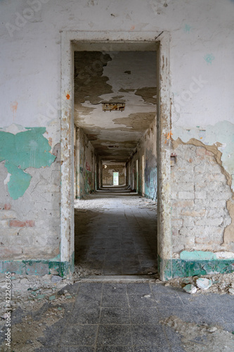 abandoned creepy corridor in szentkiralyszabadja Hungary