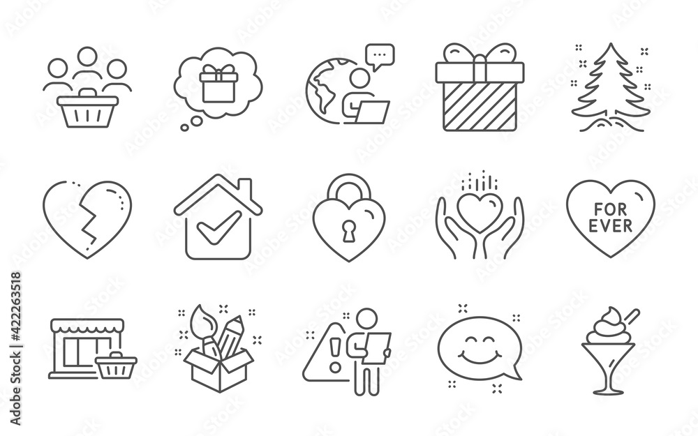 Marketplace, Ice cream and Surprise icons set. Hold heart, For ever and Smile chat signs. Vector