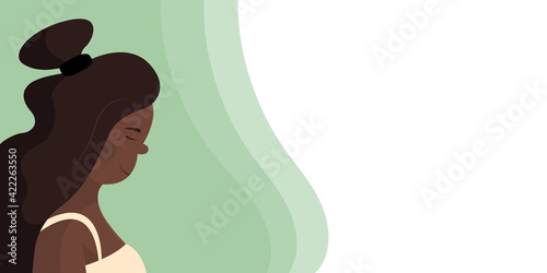 Profile portrait of a young and beautiful black woman. Banner concept for clinic, hospital, medical center, perinatal center, maternity hospital. An article or poster about self-care, women's health.