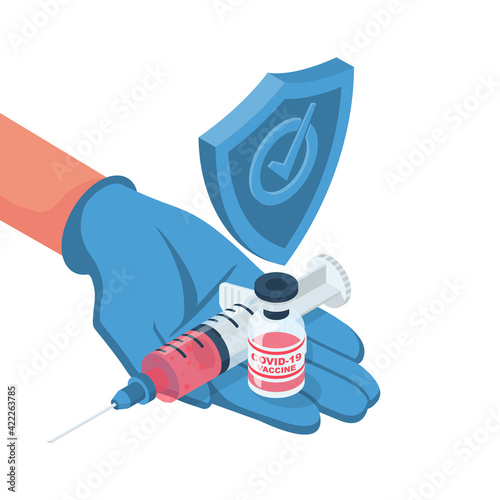 Vaccine coronavirus concept. Syringe with an ampoule hold in hand doctor. Medicine in bottle..Injection from viruses COVID-19.Laboratory sample in glass tube. Vector illustration isometric 3d design.