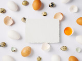 Easter message. Natural and white color eggs on bright white background in Happy Easter decoration. Minimal egg design, modern flat lay template.