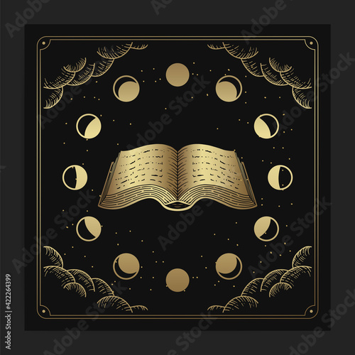 Ancient books and phases of the moon with engraving, hand drawn, luxury, esoteric, boho style, fit for paranormal, tarot reader, astrologer or tattoo