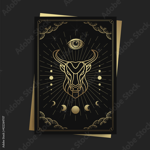 Bull or taurus magic witchcraft with engraving, hand drawn, luxury, esoteric, boho style, fit for paranormal, tarot reader, astrologer or tattoo