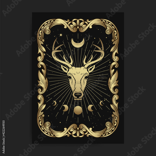 Mystical deer with engraving, hand drawn, luxury, esoteric, boho style, fit for paranormal, tarot reader, astrologer or tattoo