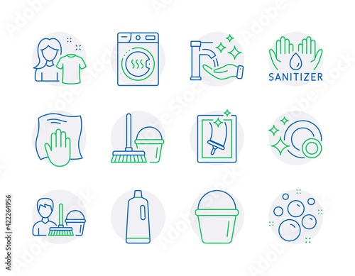 Cleaning icons set. Included icon as Washing hands, Shampoo, Dryer machine signs. Vector