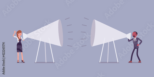 Giant megaphone shout out, black man, woman shouting. Motivational speech, business debate or discussion, emotional communication in financial conflict. Vector flat style cartoon illustration