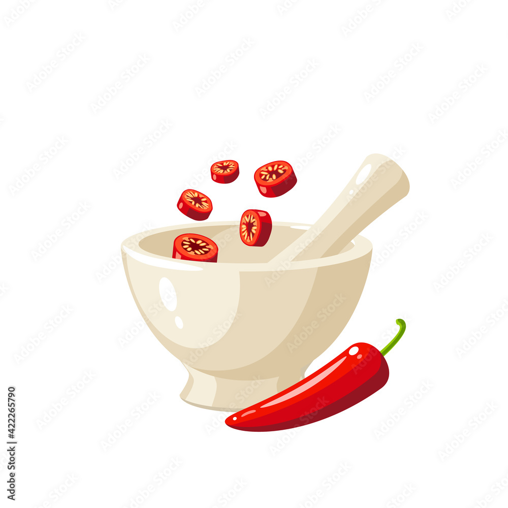 Pounding chopped red chili peppers in porcelain mortar. Vector illustration cartoon flat icon isolated on white background. Pounding chopped red chili peppers in porcelain mortar. Vector illustration cartoon flat icon isolated on white background.