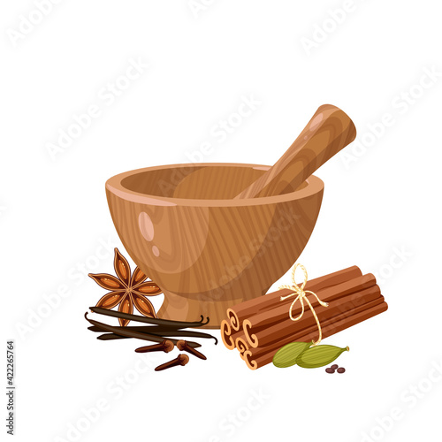 Wooden mortar and pestle. Condiment mix for sweet bakery. Vector illustration cartoon flat icon isolated on white background.