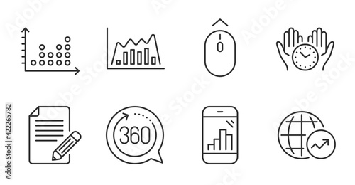 Graph phone, Safe time and Infographic graph icons set. World statistics, Article and 360 degrees signs. Vector