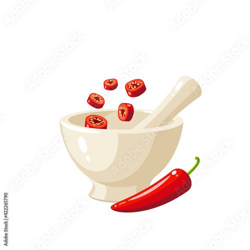 Pounding chopped red chili peppers in porcelain mortar. Vector illustration cartoon flat icon isolated on white background.