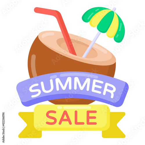 
Coconut with label denoting flat icon of cocktail sale 

