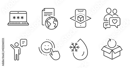 Smile, Dating chat and Return package icons set. Translation service, Freezing water and Laptop password signs. Vector