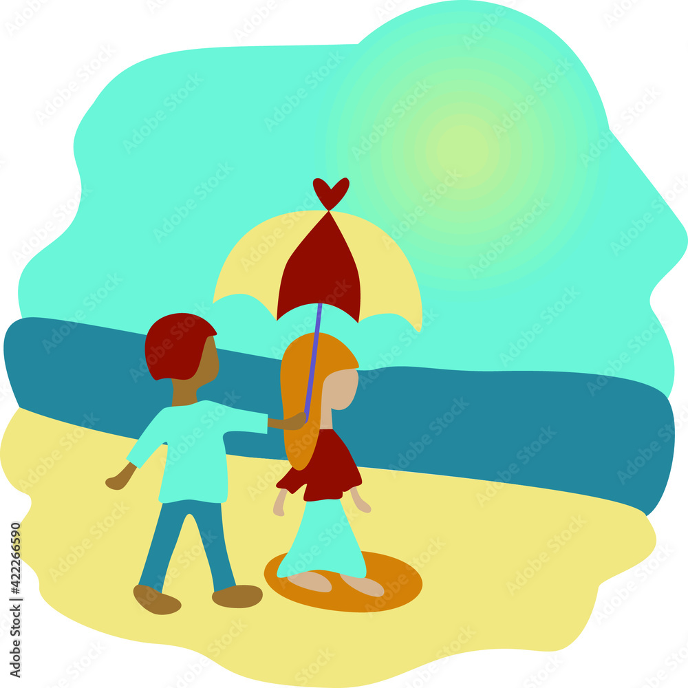 vector illustration, girl walks along the beach on a sunny day, a guy holds a sun umbrella over her, flat simple style