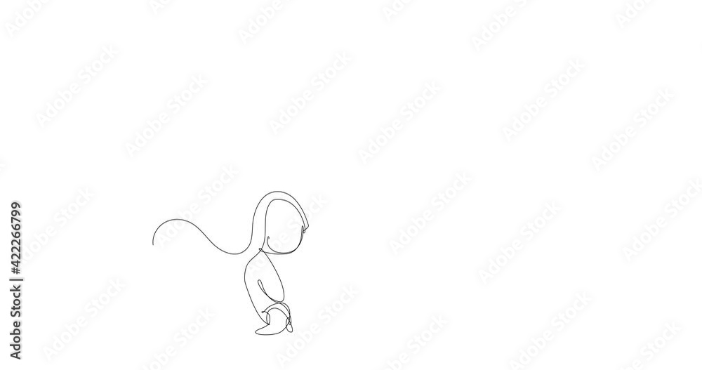 Self drawing animation of continuous line drawing of curvy woman doing gymnastics. Curvy female body lightness concept. Black line on white background