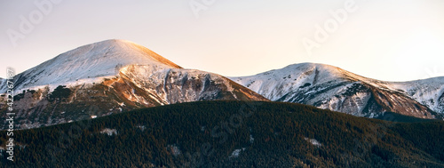 Landscape of Hoverla mountain, the highest peak in ukrainian Carpathian mountains in winter.