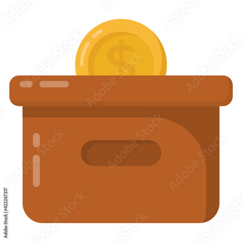 
Coin with box denoting flat icon of donation box 

