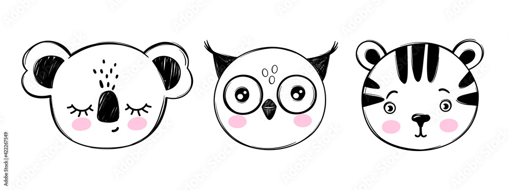 Doodle animals head vector set. Owl, koala bear, tiger faces in sketch style. Hand drawn cute children's illustrations Doodle animals head vector set. Owl, koala bear, tiger faces in sketch style. Hand drawn cute children's illustrations