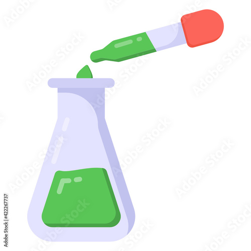 
Pipette with flask denting flat icon of lab testing 

