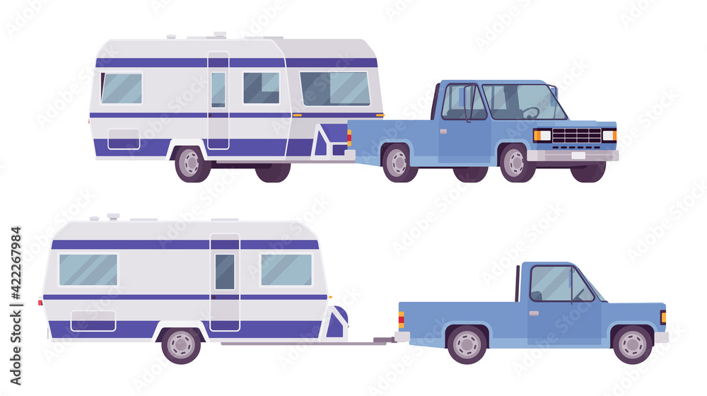 Camper trailer light blue car, covered wagon, family camping trip. Vehicle, transport, sleeping accommodation, traveling motor home. Vector flat style cartoon illustration isolated, white background
