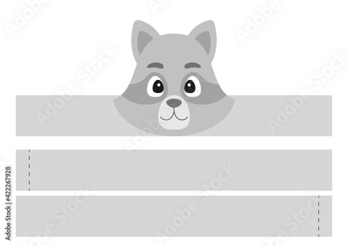 Printable raccoon paper headband. Party crown die cut template for birthday, christmas, baby shower. Fun accessory for entertainment. Print, cut and glue. Vector stock illustration.