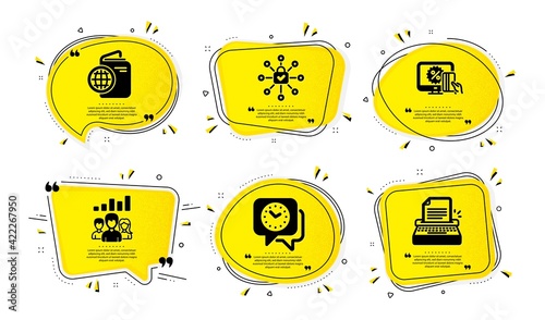 Online shopping, Teamwork results and Travel passport icons set. Clock, Security lock and Typewriter signs. Vector