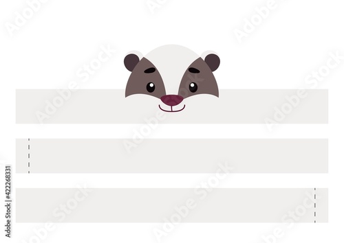 Printable badger paper crown. Party headband die cut template for birthday, christmas, baby shower. Fun accessory for entertainment. Print, cut and glue. Vector stock illustration.