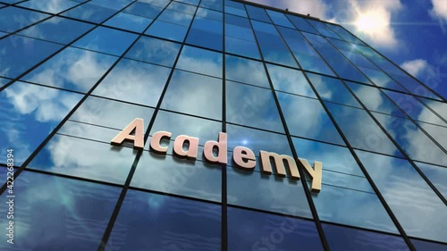 Academy sign on glass skyscraper. Time lapse sky mirrored in building. Public education, learning, high school and university concept in loopable seamless 3D rendering animation. photo