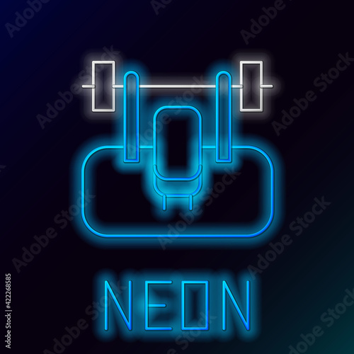 Glowing neon line Bench with barbel icon isolated on black background. Gym equipment. Bodybuilding, powerlifting, fitness concept. Colorful outline concept. Vector