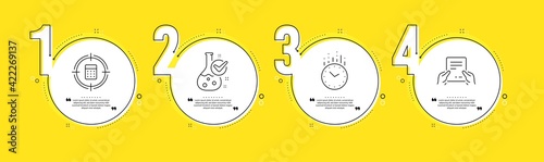 Chemistry lab, Calculator target and Time icons set. Receive file sign. Laboratory flask, Audit, Clock. Vector