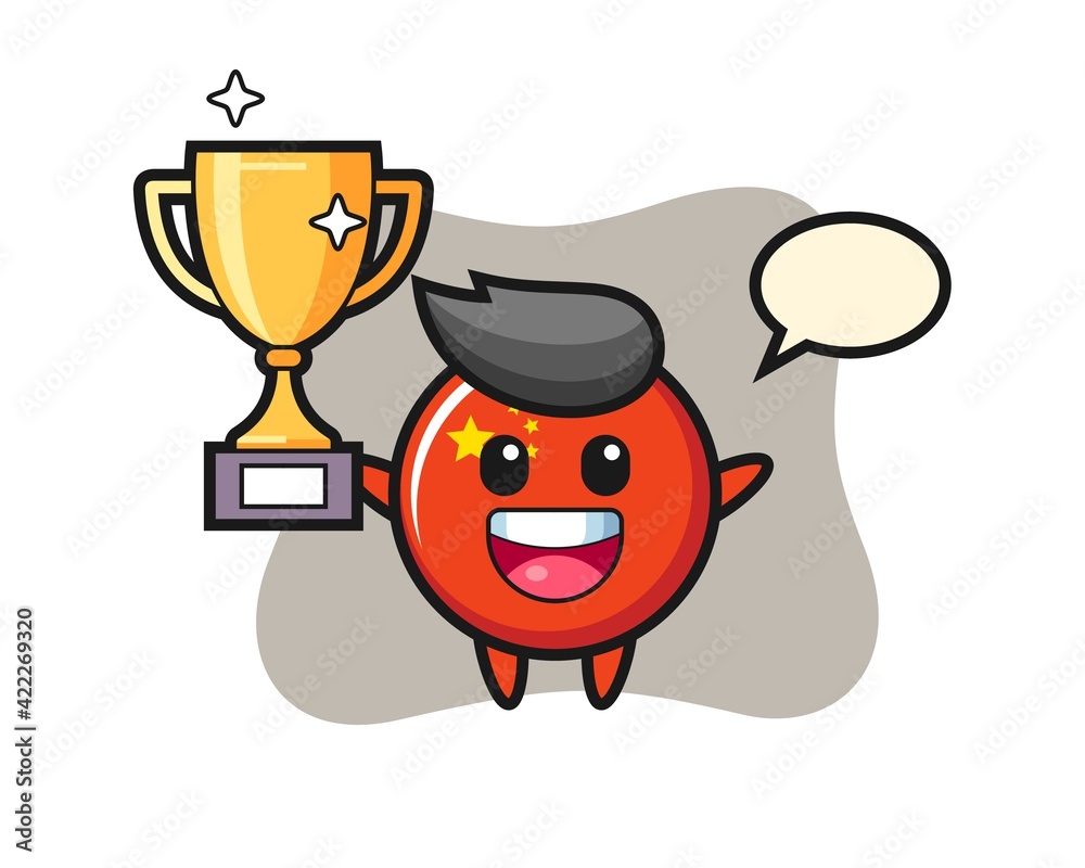 Cartoon Illustration of china flag badge is happy holding up the golden trophy Cartoon Illustration of china flag badge is happy holding up the golden trophy