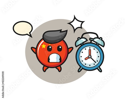 Cartoon Illustration of china flag badge is surprised with a giant alarm clock