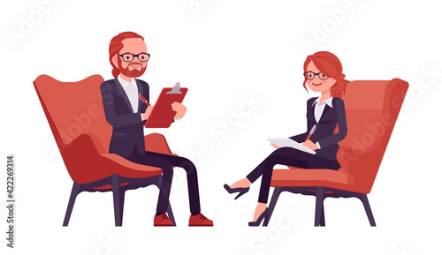 Businessman, businesswoman red haired office worker with clipboard. Armchair sitting manager, administrative person, employee. Vector flat style cartoon illustration isolated, white background