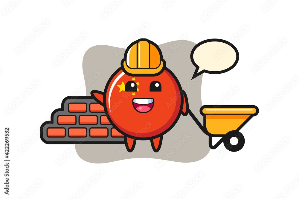 Cartoon character of china flag badge as a builder Cartoon character of china flag badge as a builder