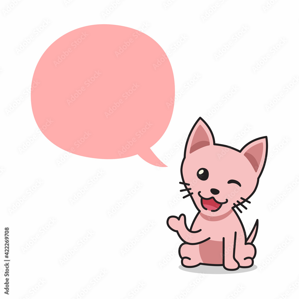 Cartoon character happy sphynx cat with speech bubble for design.