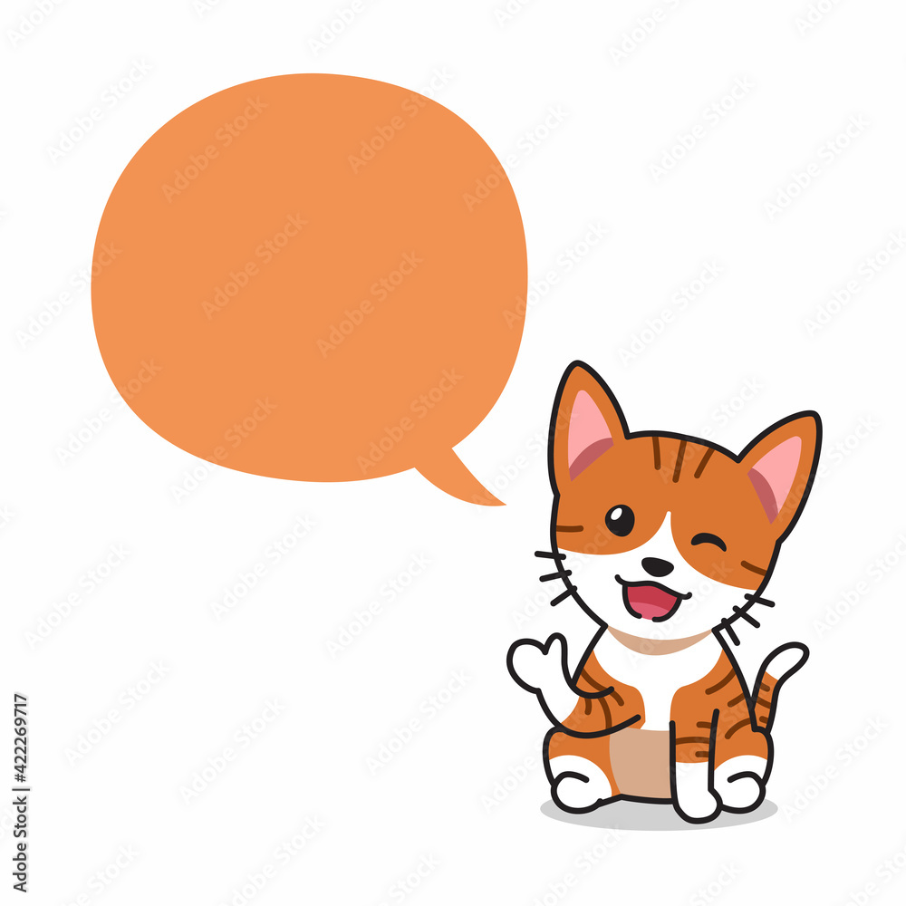 Obraz premium Cartoon character happy tabby cat with speech bubble for design.