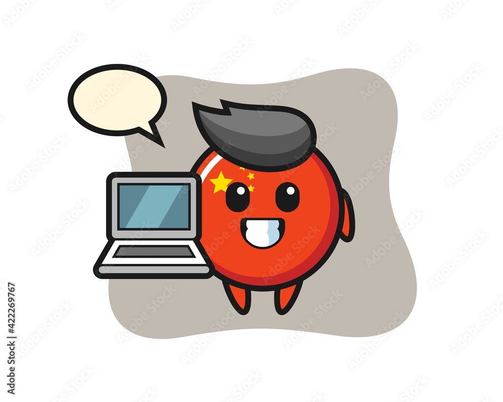 Mascot Illustration of china flag badge with a laptop Mascot Illustration of china flag badge with a laptop